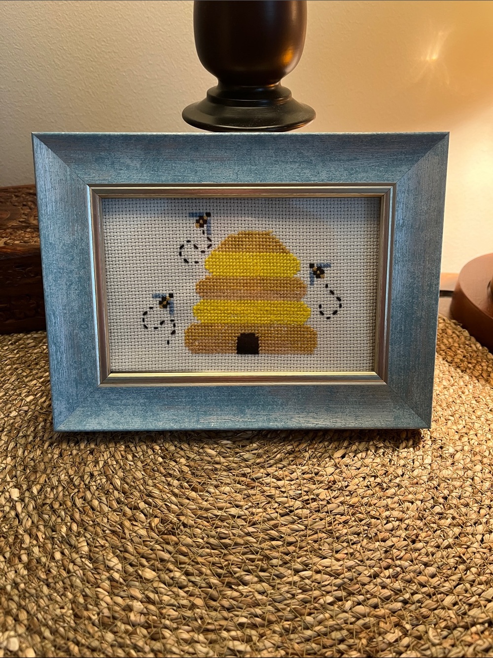 🐝 Bee themed Framed handmade Cross-Stitch Artwork with blue frame.